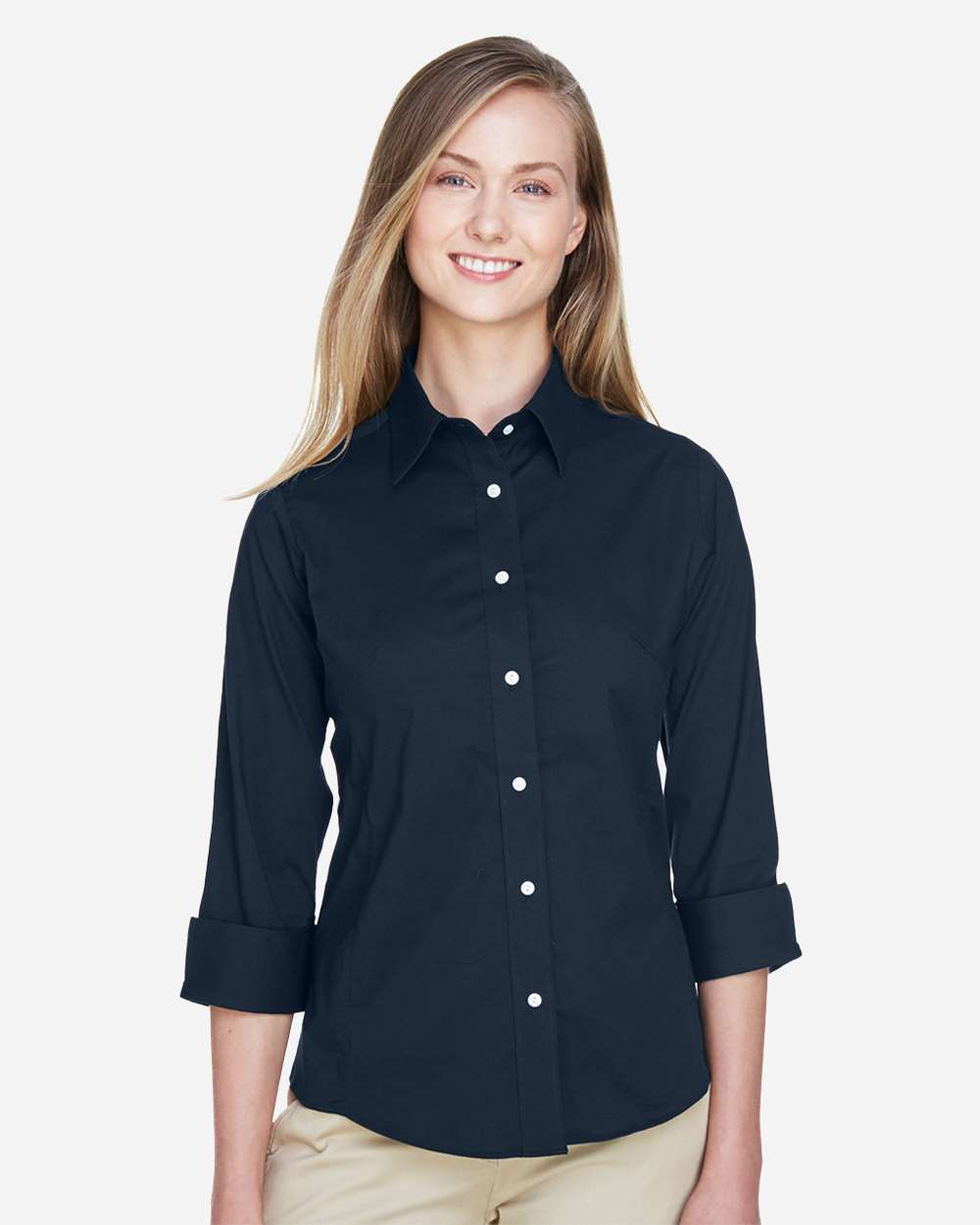 Devon & Jones Wovens XS / Navy Devon & Jones DP625W Women's Perfect Fit™ Three-Quarter Sleeve Stretch Poplin Dress Shirt