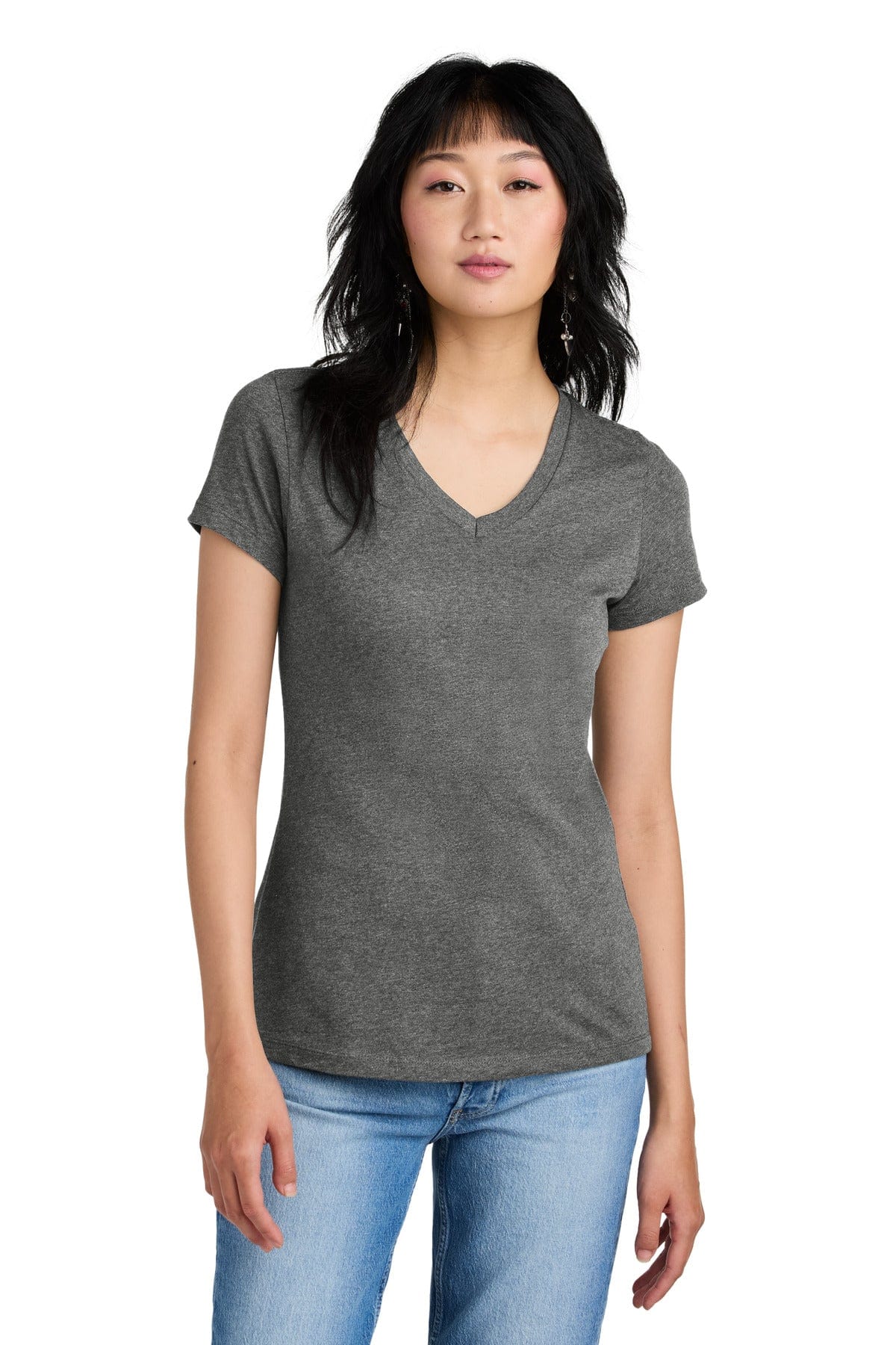 District DM1170L Women's Perfect Weight V-Neck Tee in Heathered Nickel
