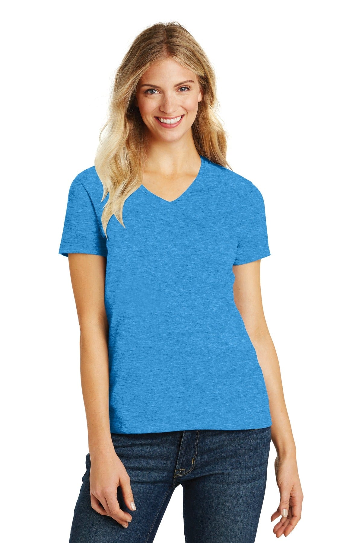 District DM1190L Women's Perfect Blend V-Neck Tee in Heathered Bright Turquoise