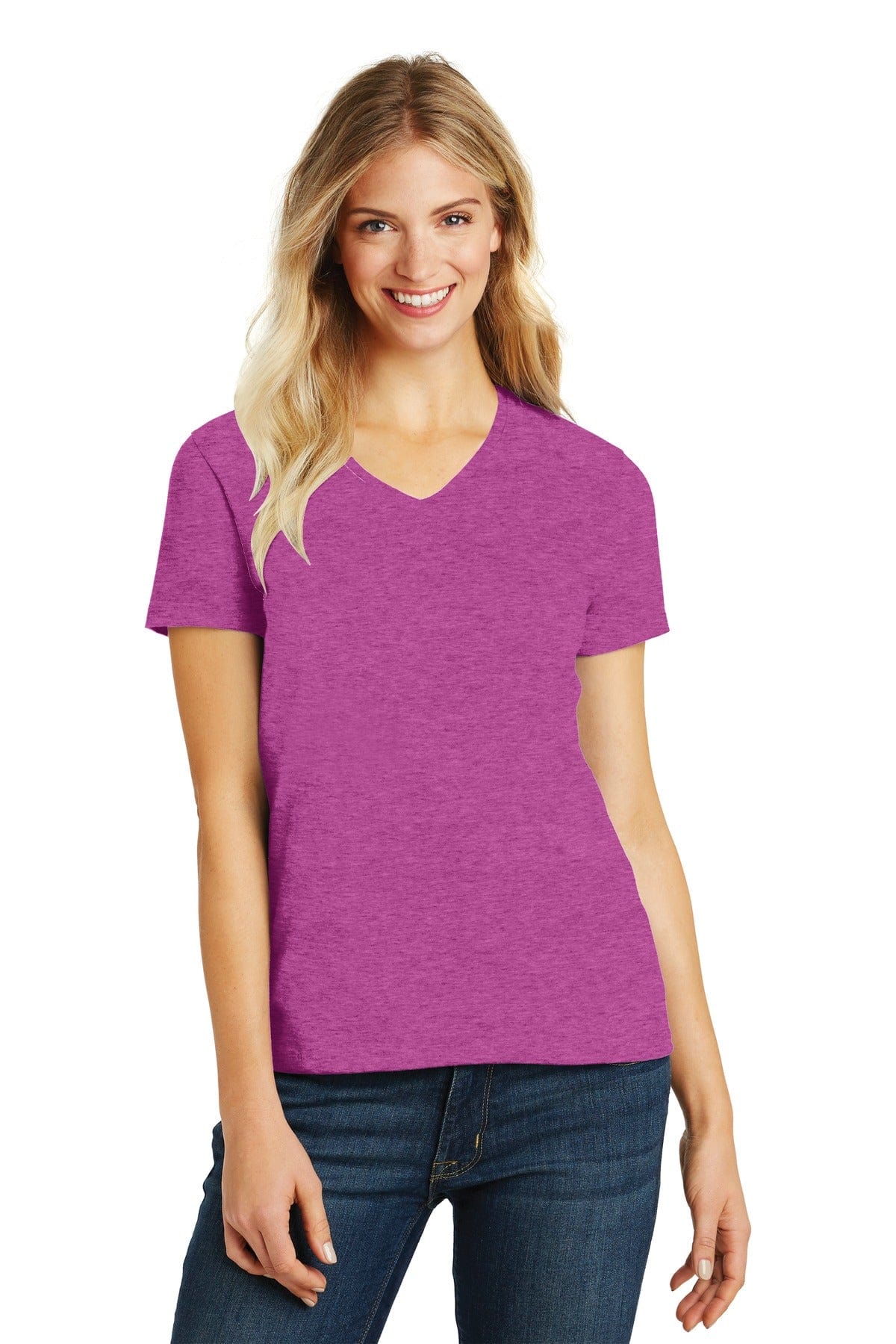 District DM1190L Women's Perfect Blend V-Neck Tee in Heathered Pink Raspberry