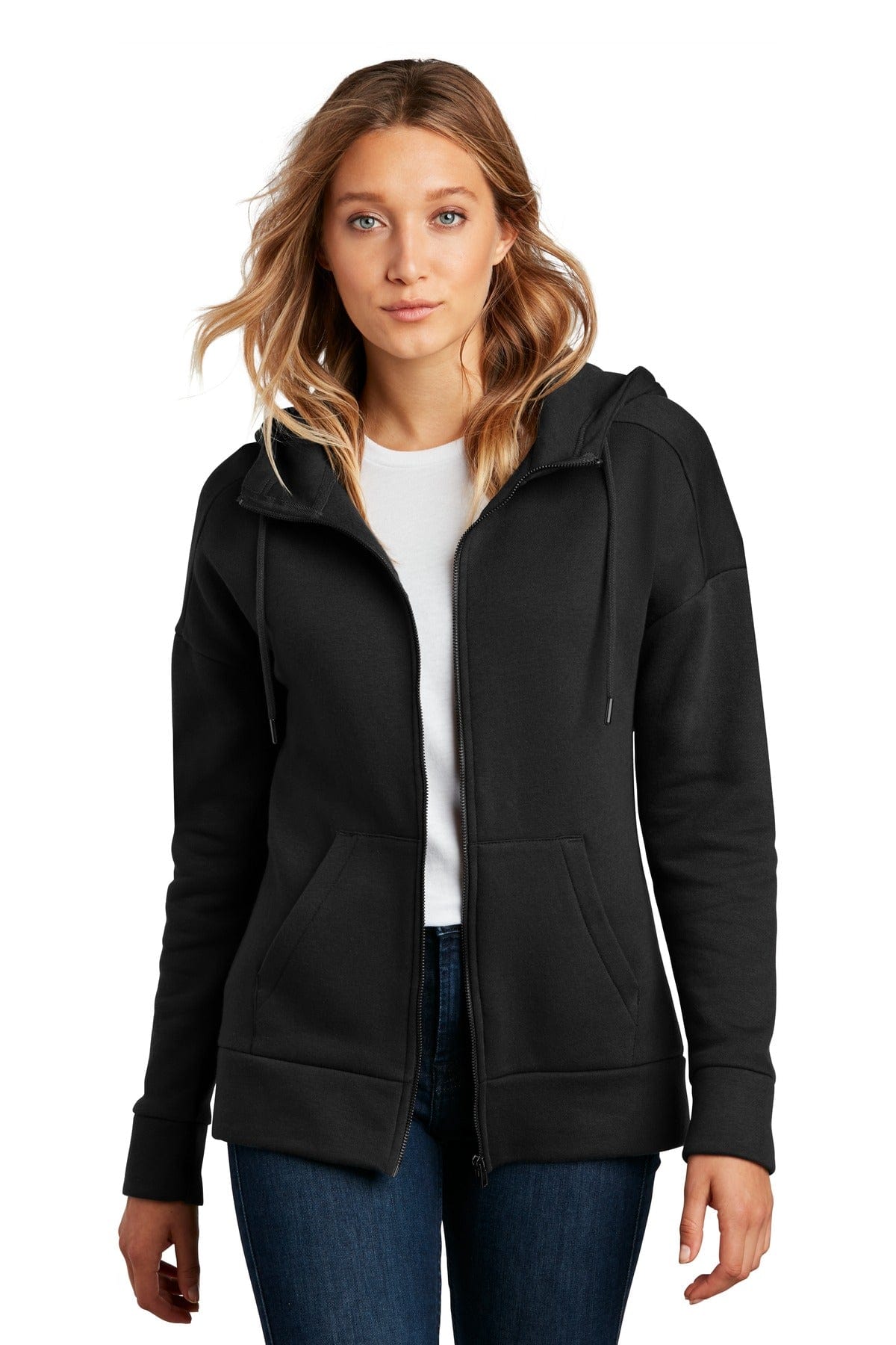 District DT1104 Women's Perfect Weight Fleece Drop Shoulder Full-Zip Hoodie in 