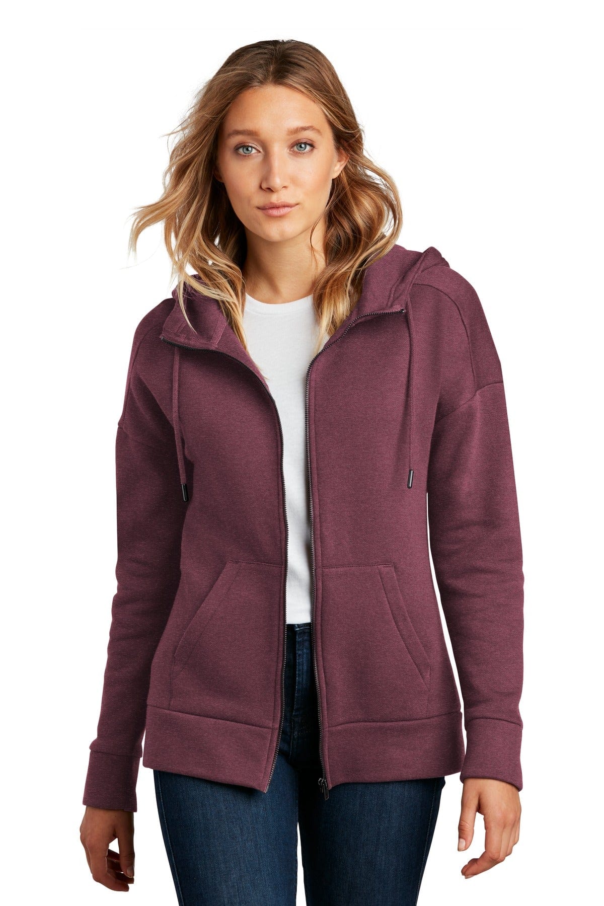 District DT1104 Women's Perfect Weight Fleece Drop Shoulder Full-Zip Hoodie in Heathered Loganberry