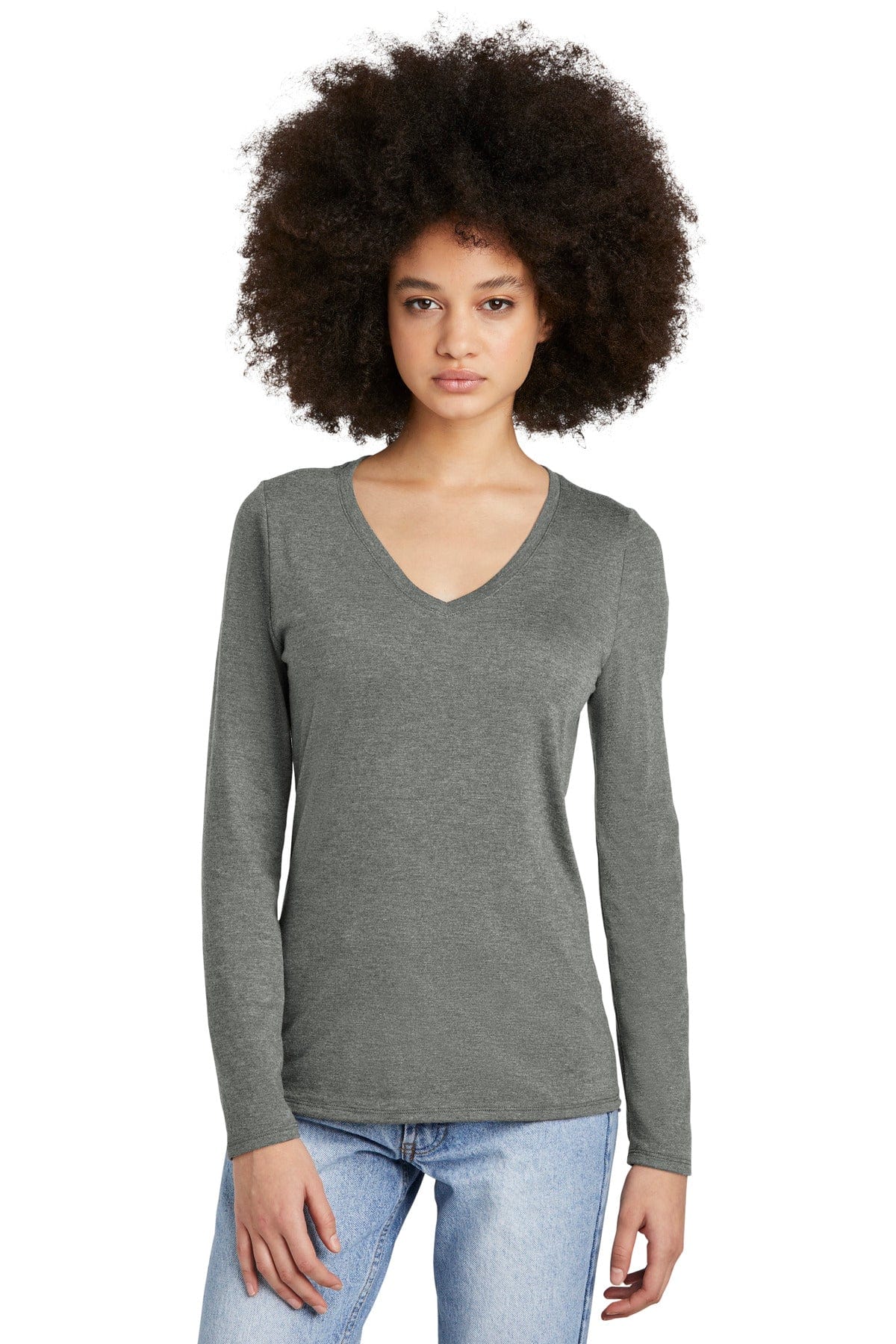 District DT135 Women's Perfect Tri Long Sleeve V-Neck Tee in Heathered Charcoal