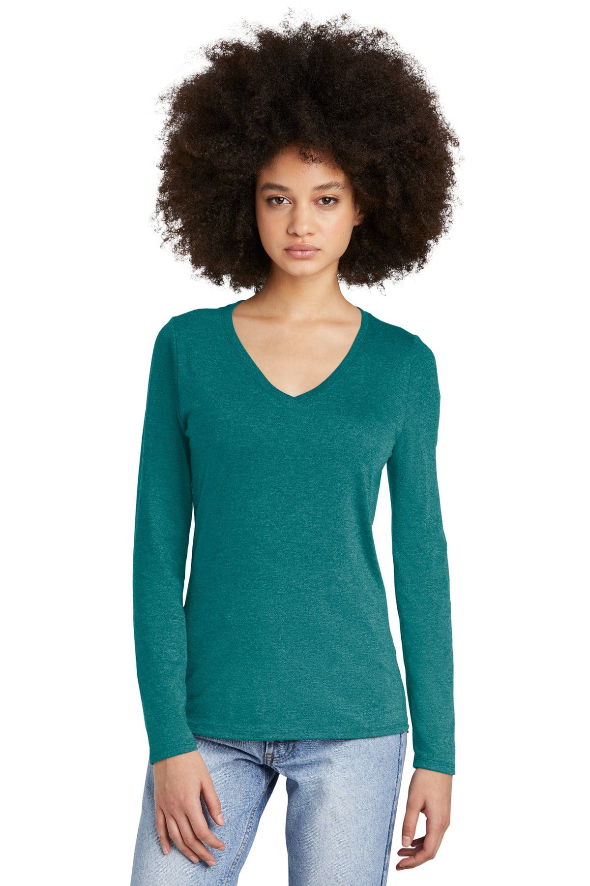 District DT135 Women's Perfect Tri Long Sleeve V-Neck Tee in Heathered Teal