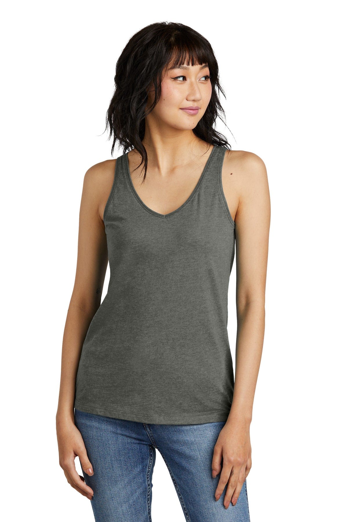 District DT154 Women's Perfect Blend CVC V-Neck Tank in Heathered Charcoal