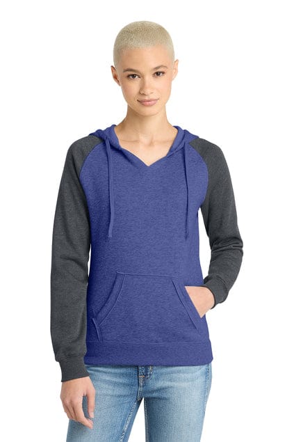 District DT296 Women's Lightweight Fleece Raglan Hoodie in Heathered Deep Royal/ Heathered Charcoal