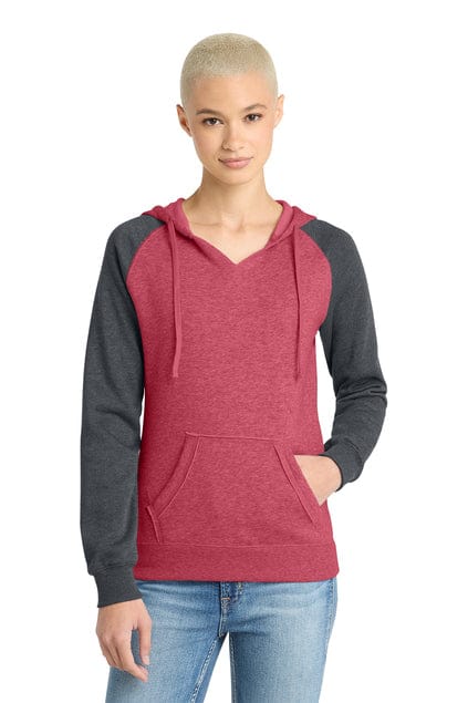 District DT296 Women's Lightweight Fleece Raglan Hoodie in Heathered Red/ Heathered Charcoal
