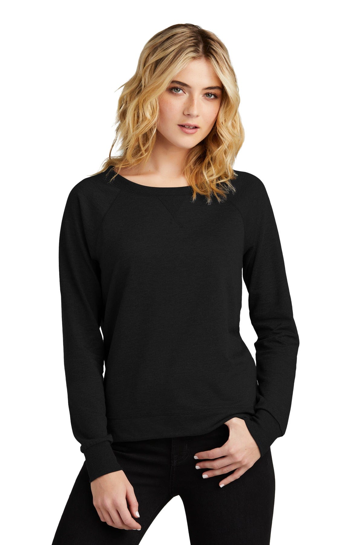 District DT672 Women's Featherweight French Terry Long Sleeve Crewneck in Black