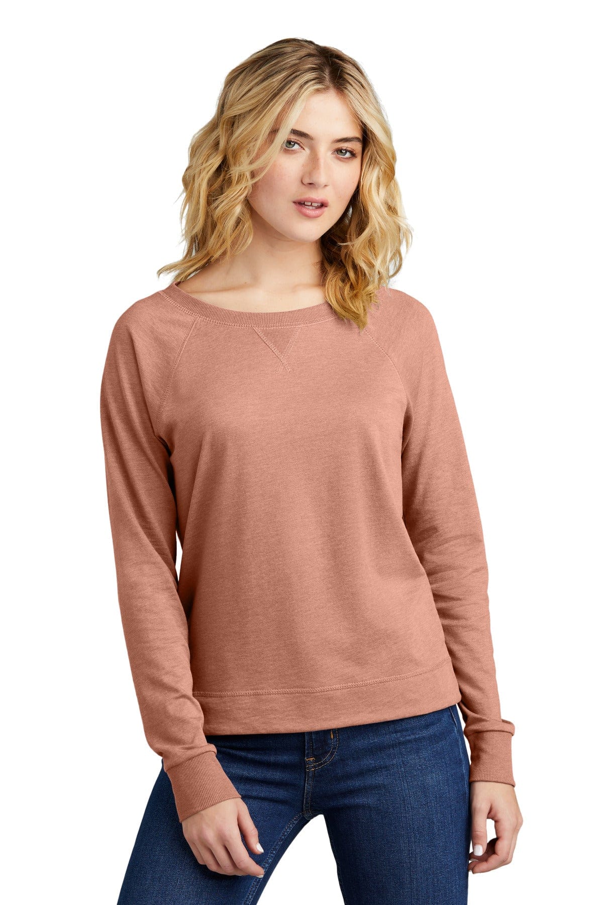 District DT672 Women's Featherweight French Terry Long Sleeve Crewneck in Nostalgia Rose Heather