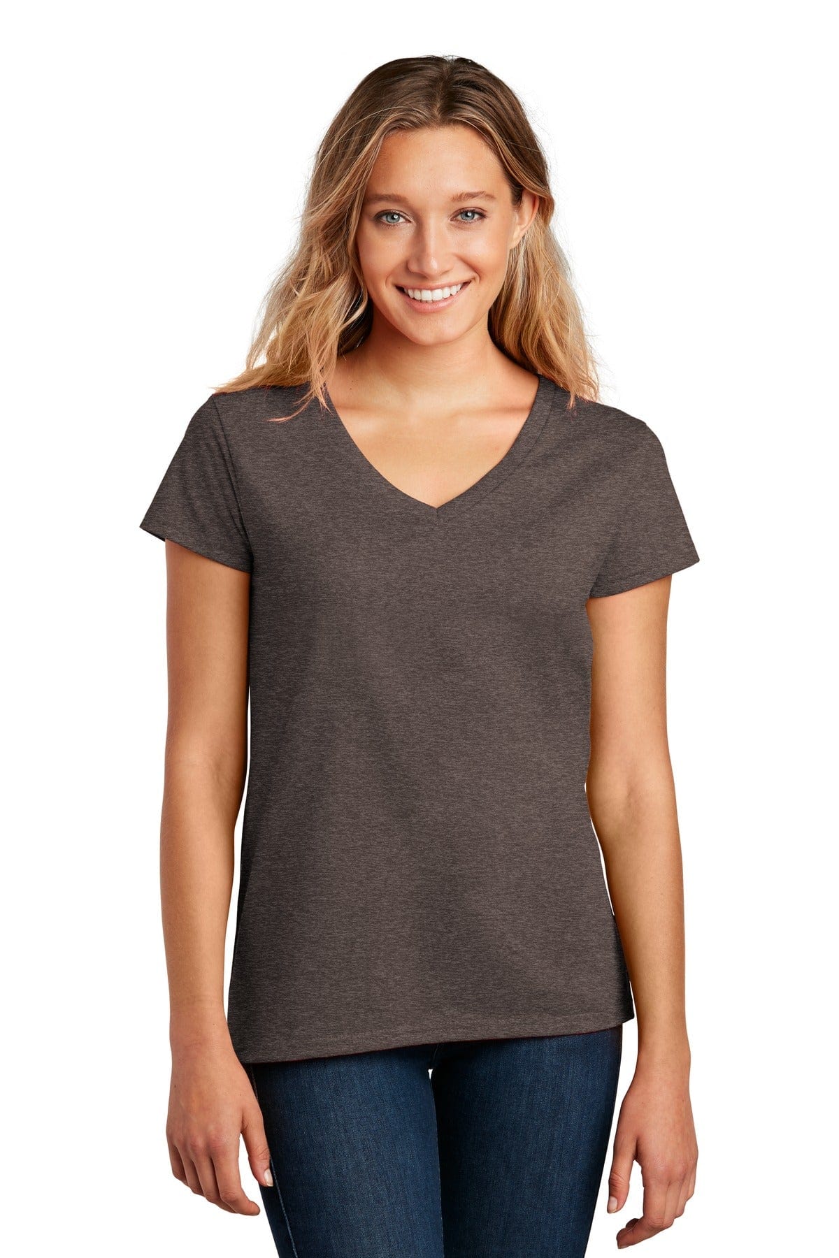 District DT8001 Women's Re-Tee V-Neck in Deep Brown Heather
