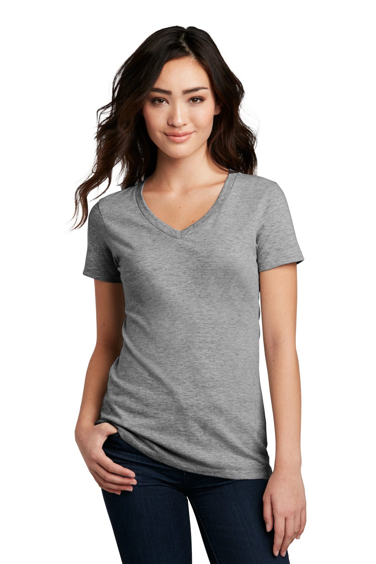 District Women's Perfect Blend V-Neck Tee. DM1190L, Traditional Colors in Grey Frost