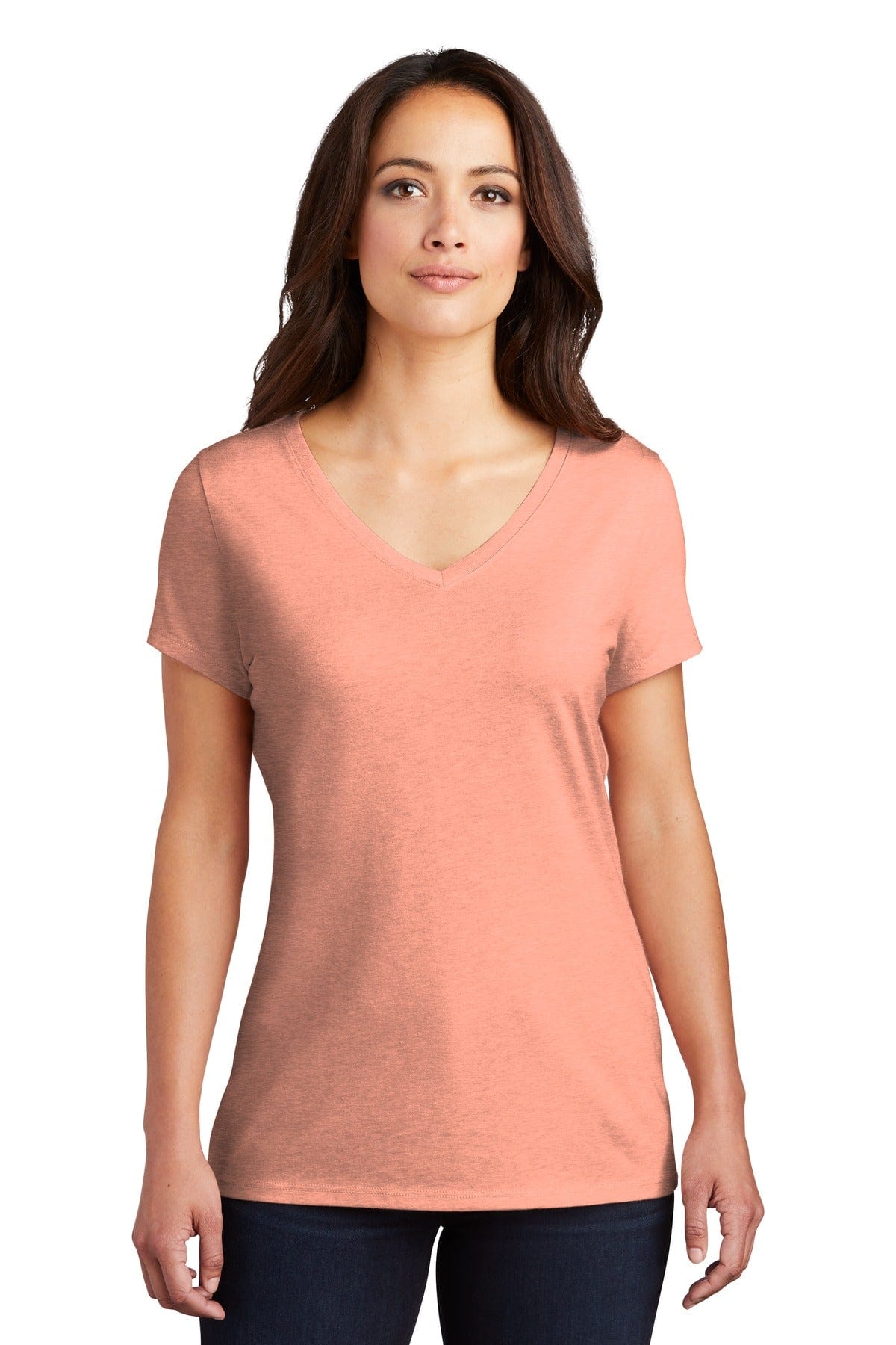 District Women's Perfect Tri V-Neck Tee. DM1350L, Traditional Colors in Heathered Dusty Peach