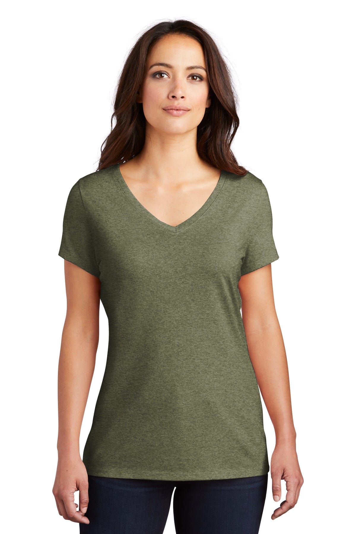 District Women's Perfect Tri V-Neck Tee. DM1350L, Traditional Colors in Military Green Frost
