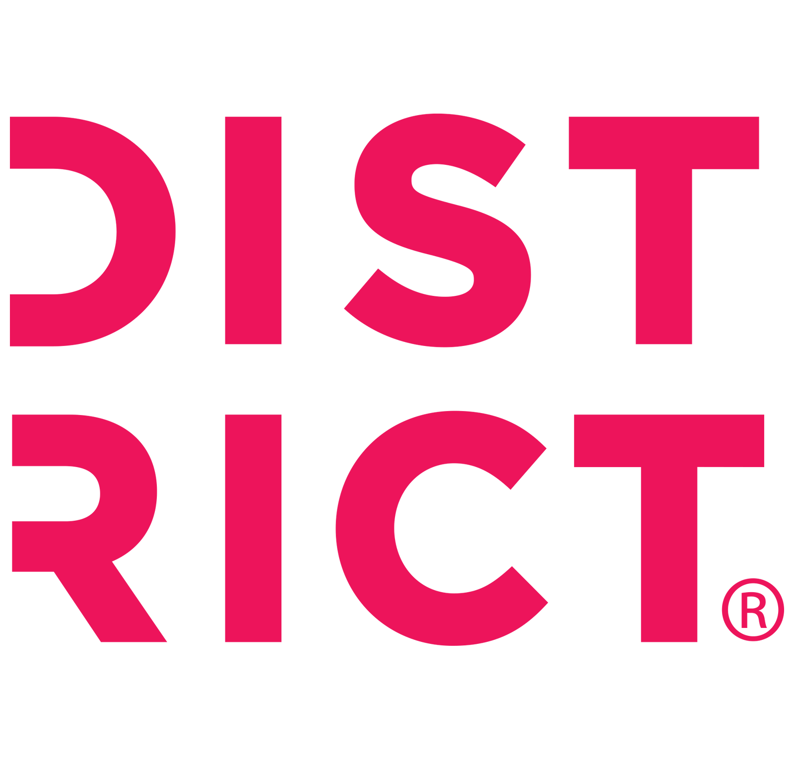 Pink 'DISTRICT' logo with a registered trademark symbol on a white background