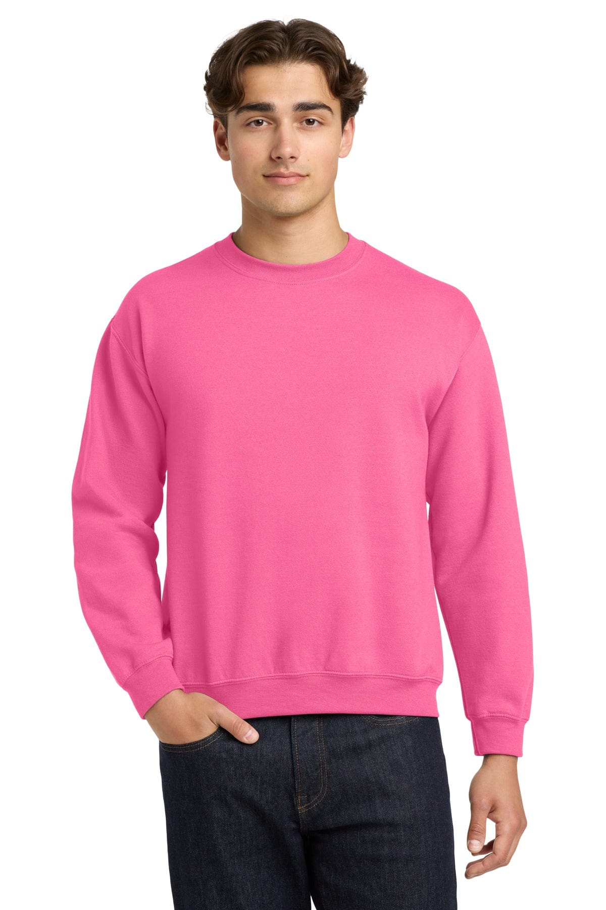 Gildan 18000 Heavy Blend Crewneck Sweatshirt in Safety Pink