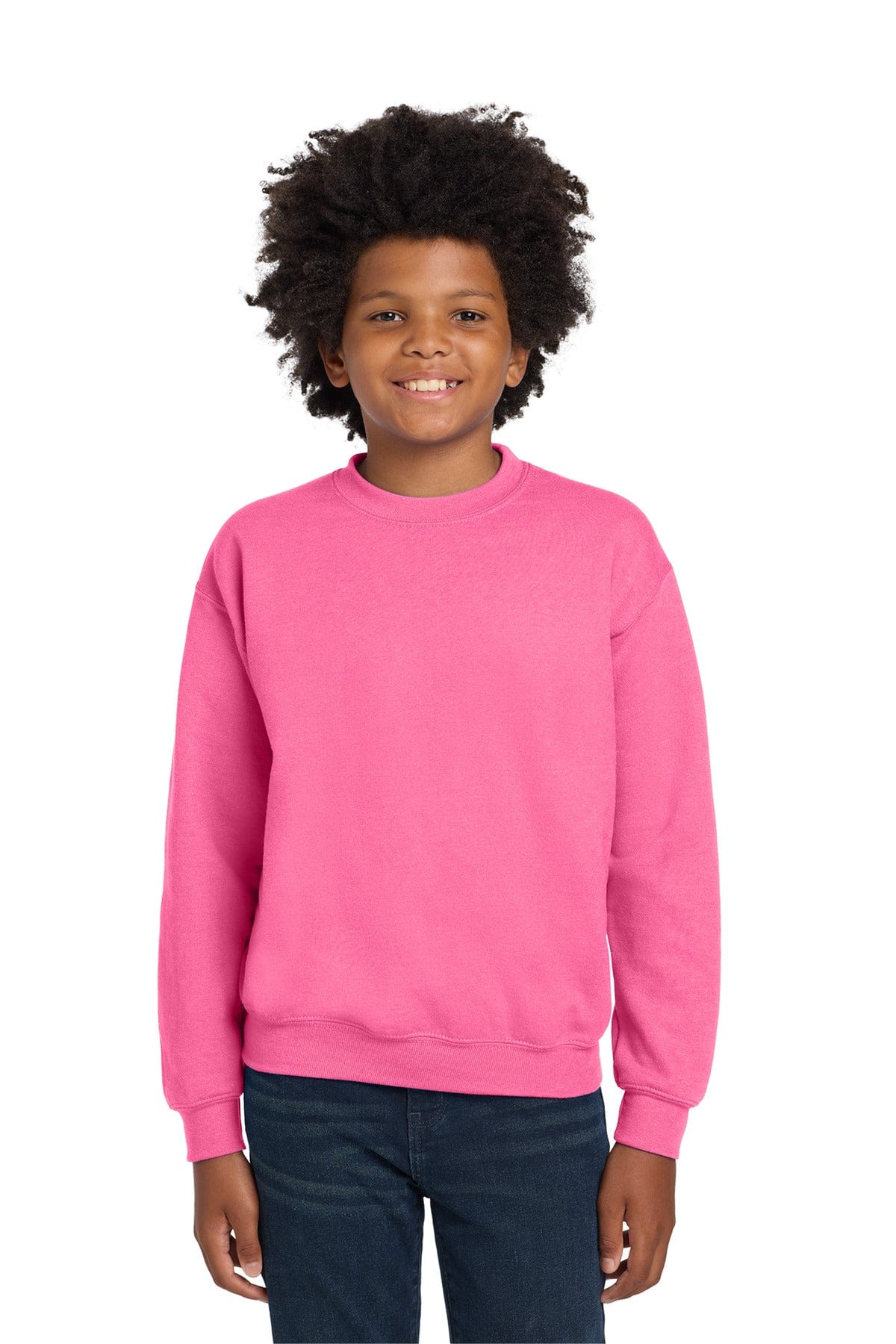 Gildan 18000B Youth Heavy Blend Crewneck Sweatshirt in Safety Pink