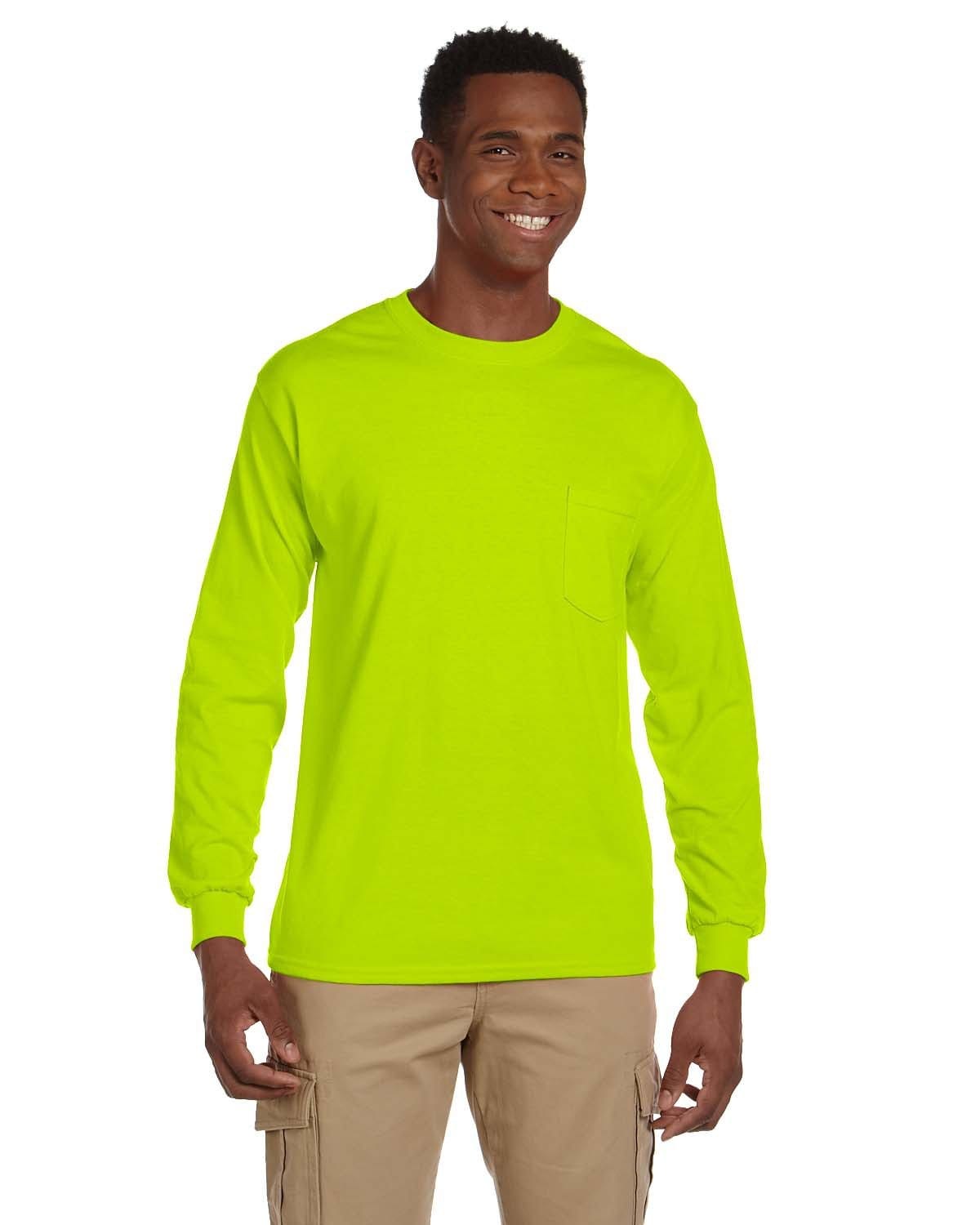 Gildan G241 Ultra, 100% Cotton Long Sleeve T-Shirt with Pocket in Safety Green
