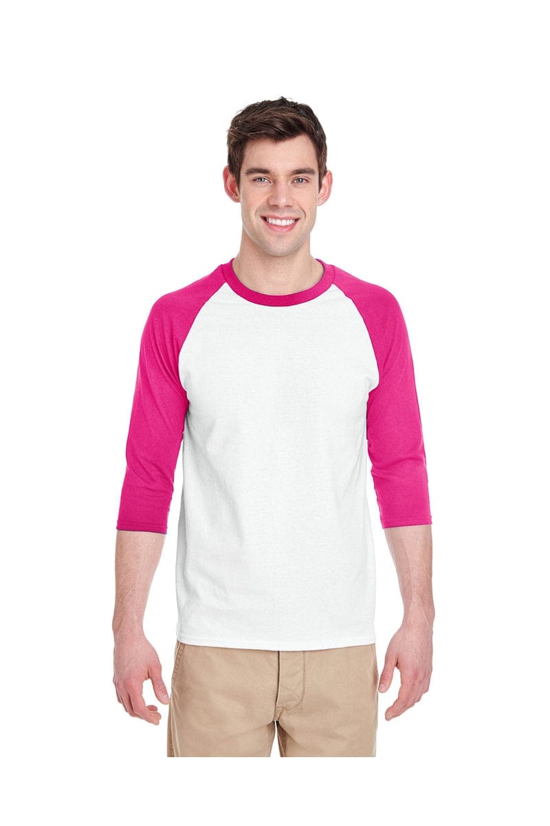 Gildan G570: Raglan Shirt in White/ Heliconia