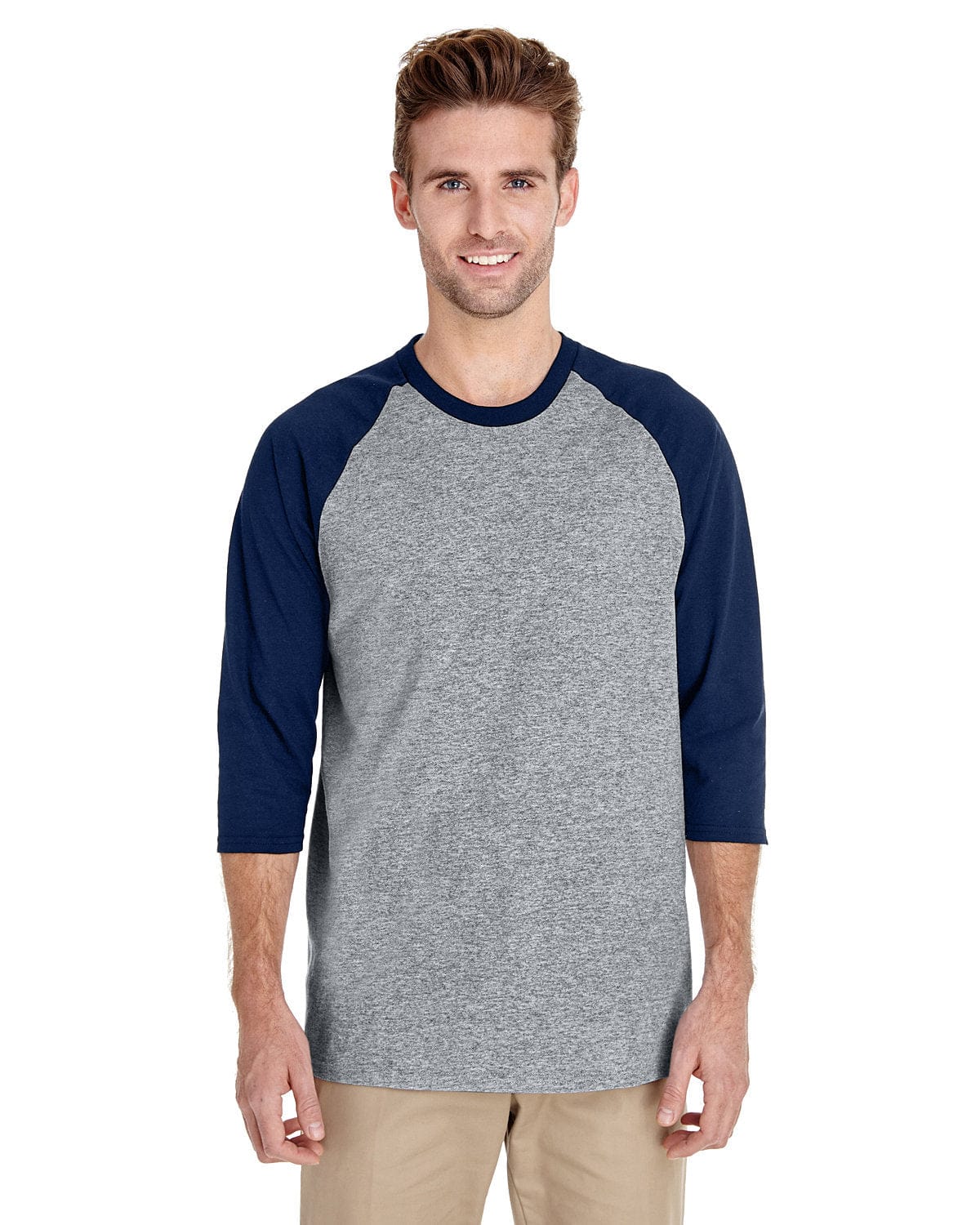 Gildan G570: Raglan Shirt in Sport Grey/ Navy