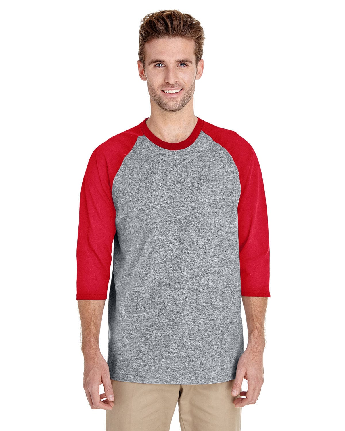 Gildan G570: Raglan Shirt in Sport Grey/ Red