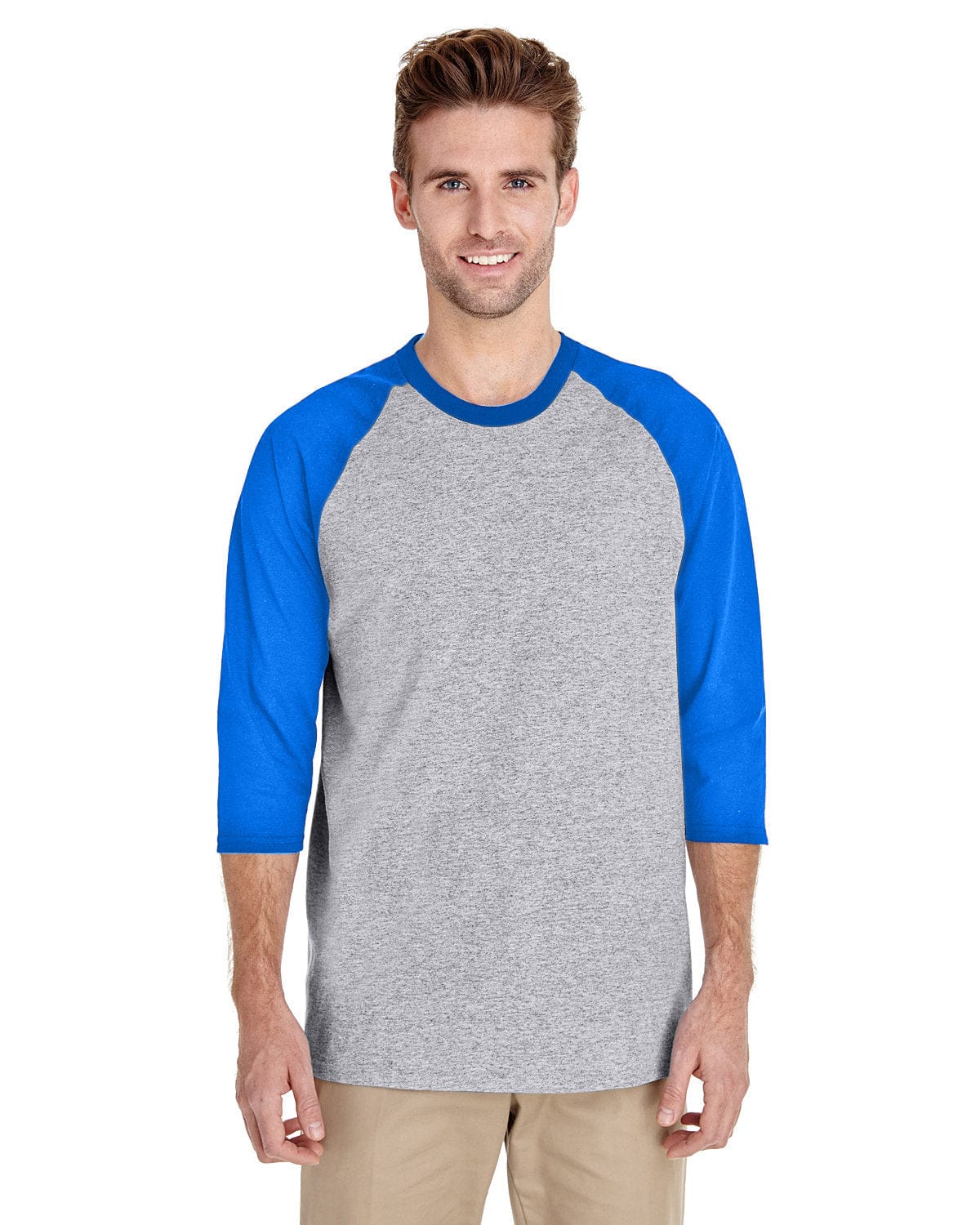 Gildan G570: Raglan Shirt in Sport Gry/ Royal