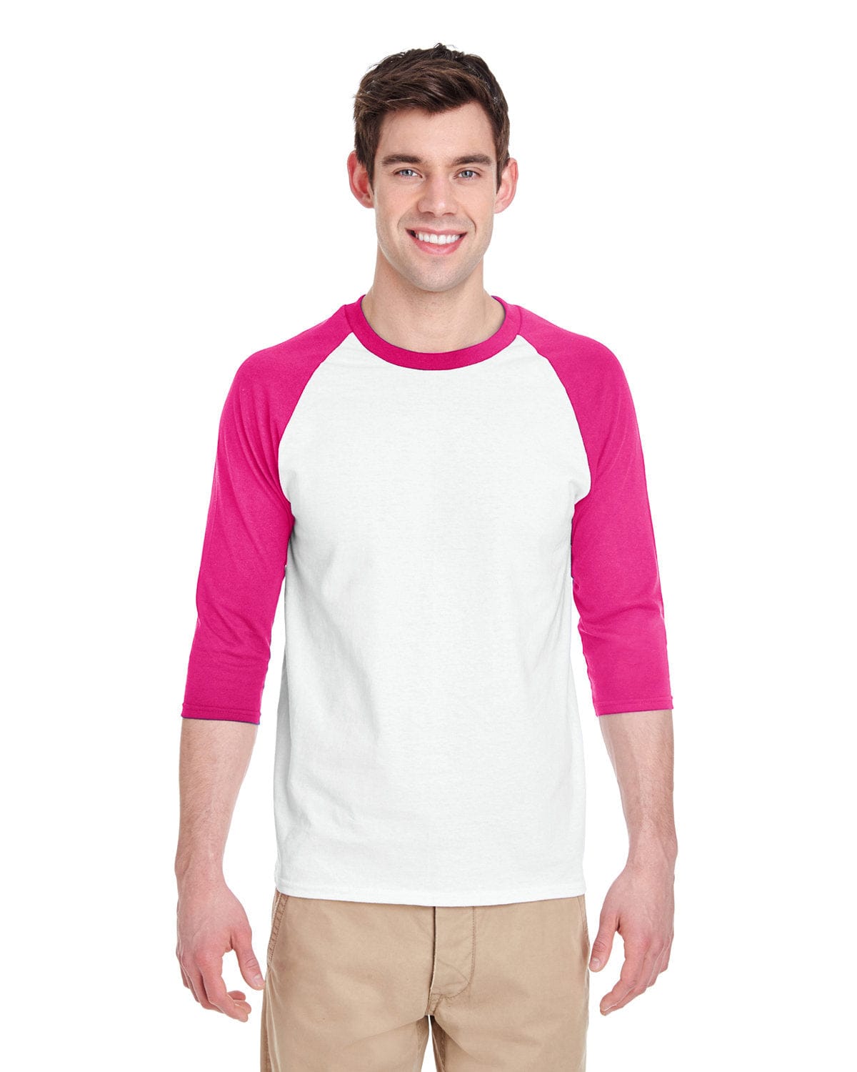 Gildan G570: Raglan Shirt in White/ Heliconia