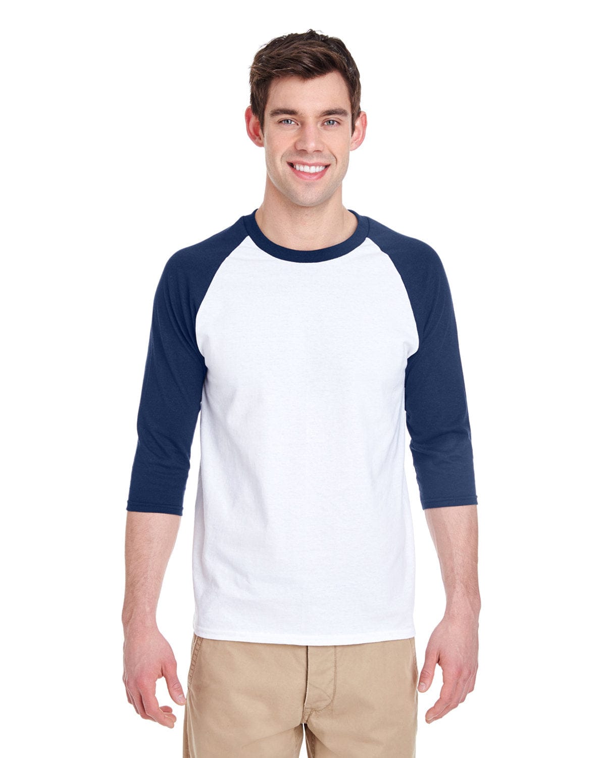 Gildan G570: Raglan Shirt in White/ Navy