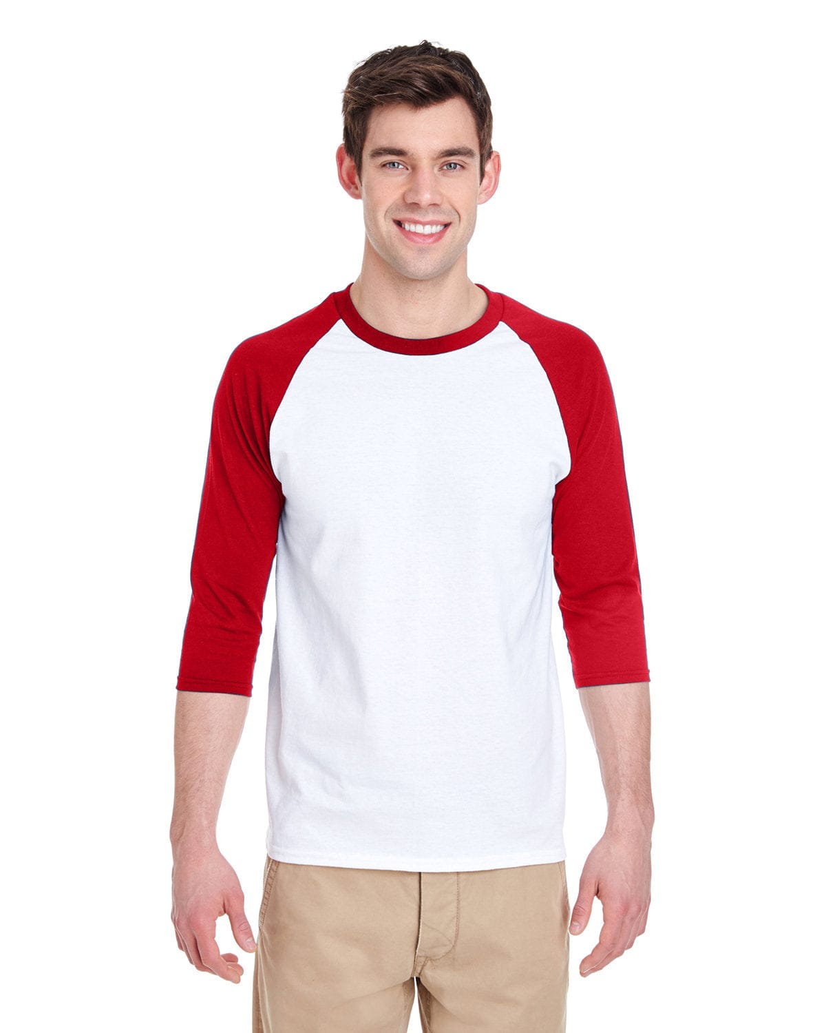 Gildan G570: Raglan Shirt in White/ Red