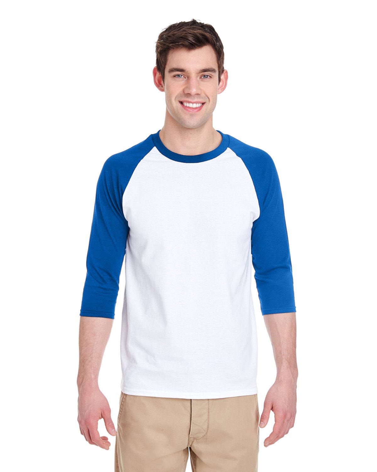 Gildan G570: Raglan Shirt in White/ Royal