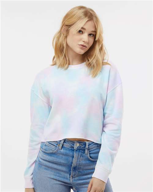 Independent Trading Co. AFX24CRP Women's Lightweight Crop Crewneck Sweatshirt in Tie Dye Cotton Candy
