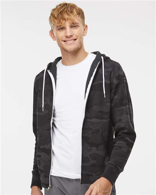Independent Trading Co. AFX90UNZ Unisex Lightweight Full-Zip Hooded Sweatshirt in Black Camo