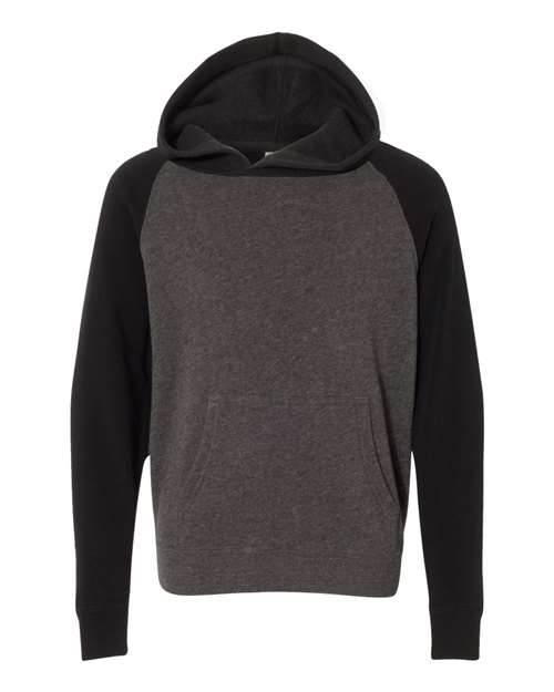 Independent Trading Co. PRM15YSB Youth Lightweight Special Blend Raglan Hooded Sweatshirt in Carbon/ Black