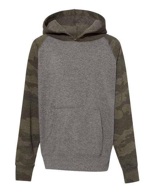 Independent Trading Co. PRM15YSB Youth Lightweight Special Blend Raglan Hooded Sweatshirt in Nickel Heather/ Forest Camo
