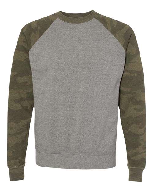 Independent Trading Co. PRM30SBC Unisex Special Blend Raglan Crewneck Sweatshirt in Nickel Heather/ Forest Camo