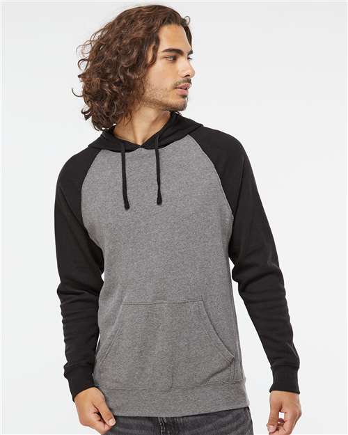 Independent Trading Co. PRM33SBP Unisex Special Blend Raglan Hooded Sweatshirt in Nickel Heather/ Black