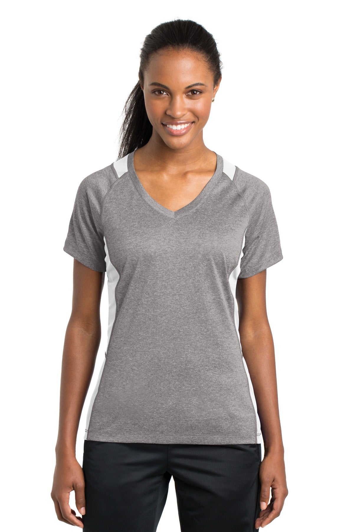 Sport-Tek LST361: Ladies Heather Colorblock Contender V-Neck Tee