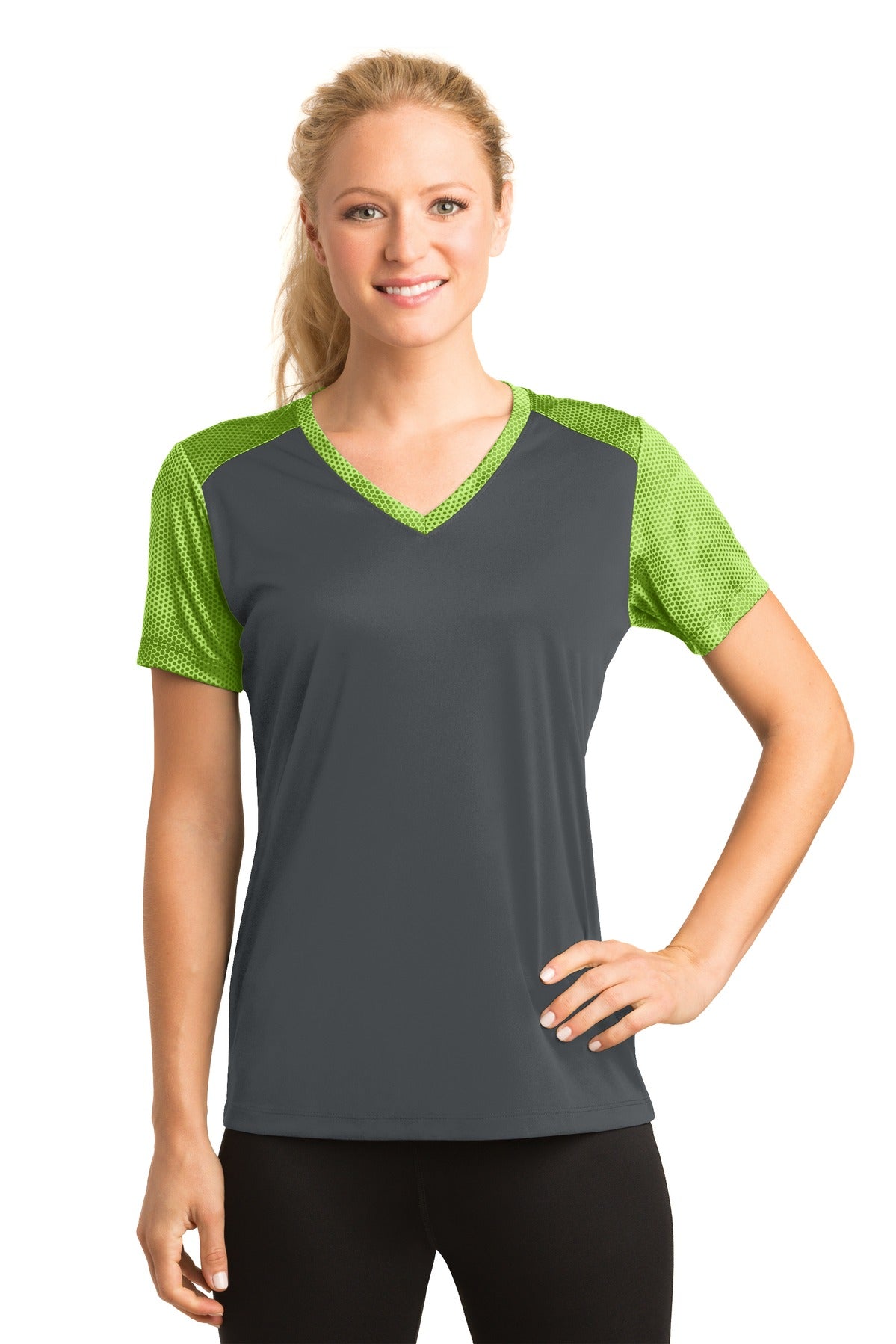 Sport-Tek LST371: Ladies CamoHex Colorblock V-Neck Tee