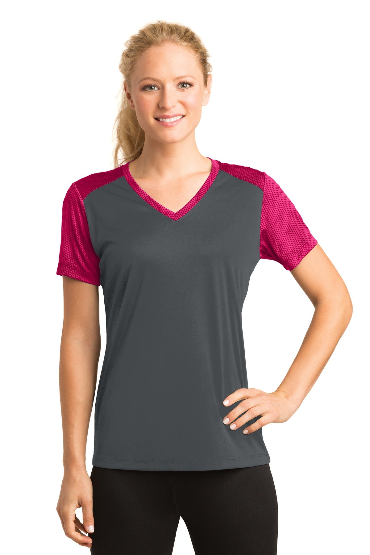 Sport-Tek LST371: Ladies CamoHex Colorblock V-Neck Tee