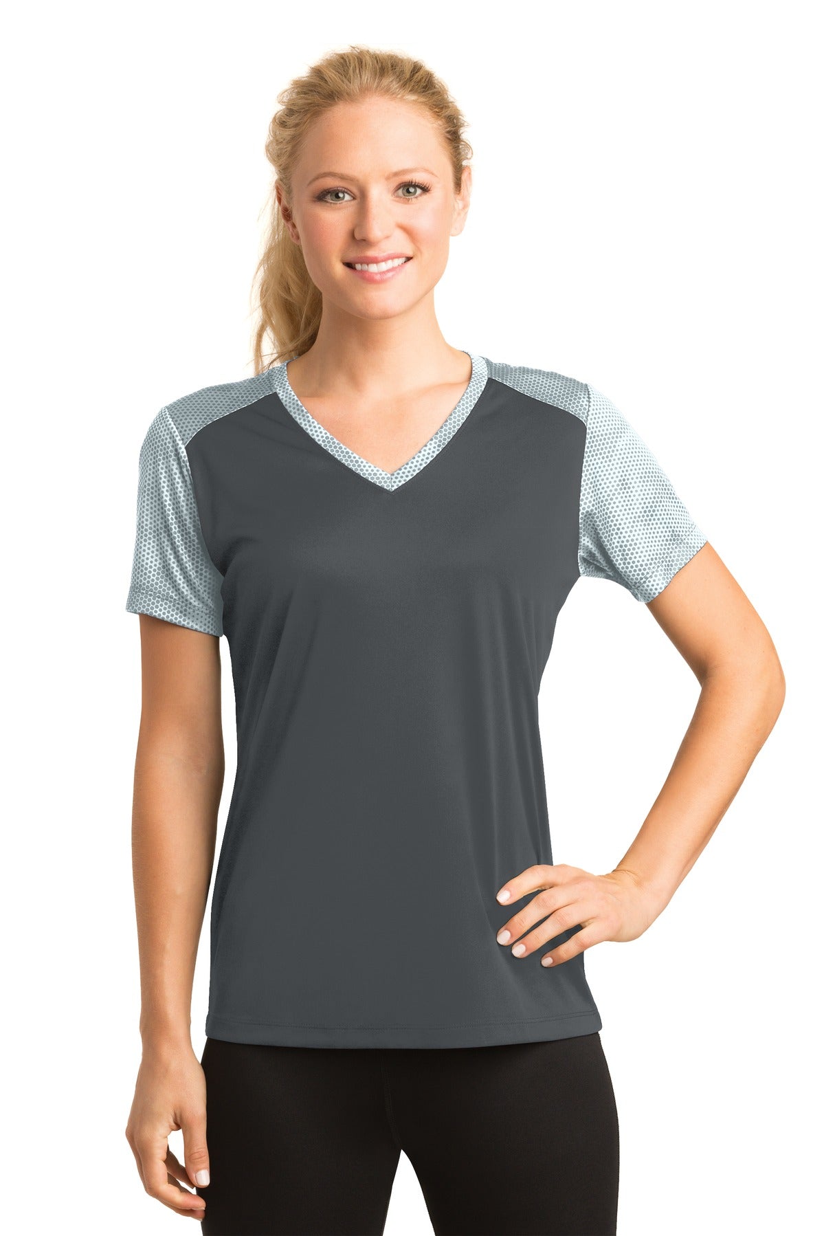 Sport-Tek LST371: Ladies CamoHex Colorblock V-Neck Tee
