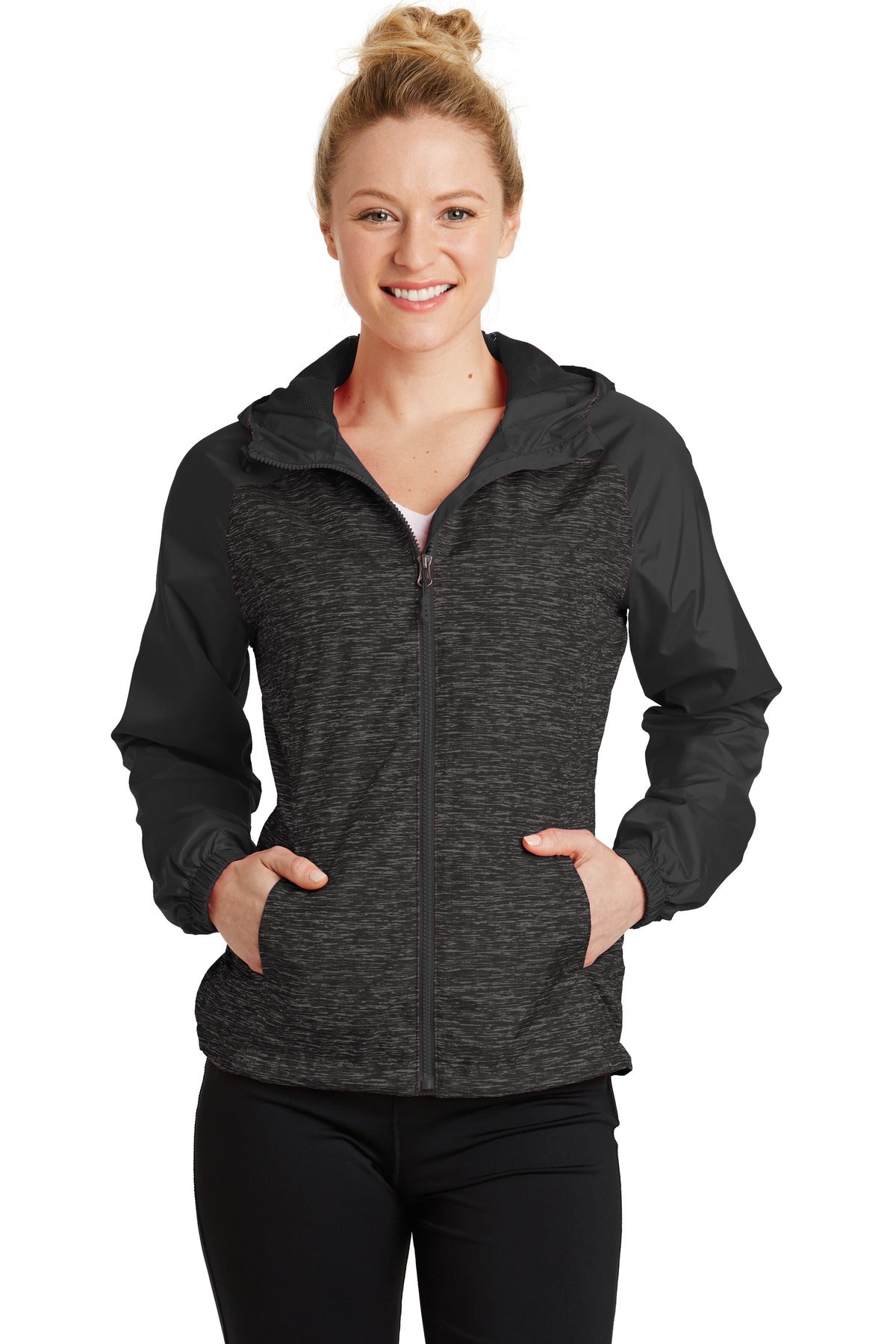 Sport-Tek LST40: Ladies Heather Colorblock Raglan Hooded Wind Jacket