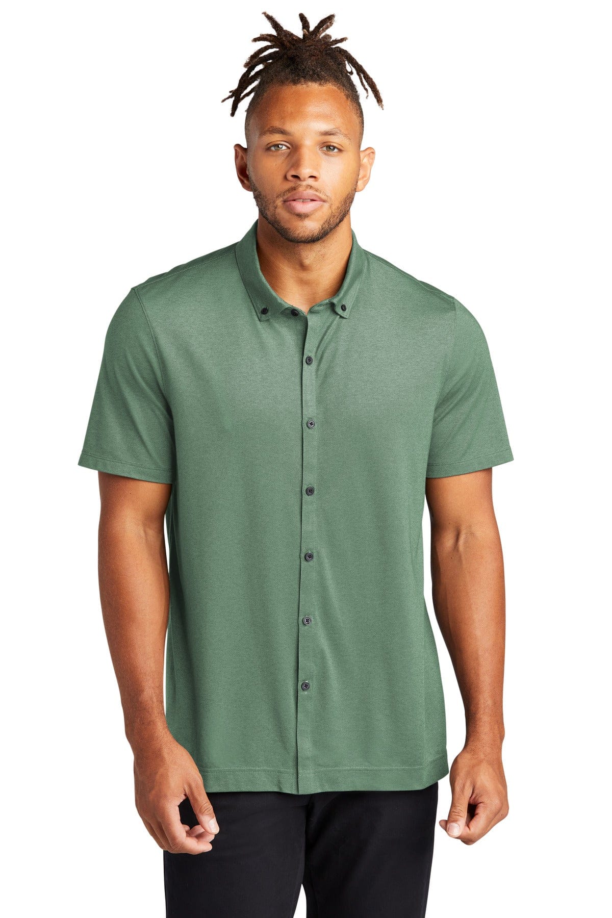 Mercer+Mettle Stretch Pique Full-Button Polo MM1006 in Sage Heather