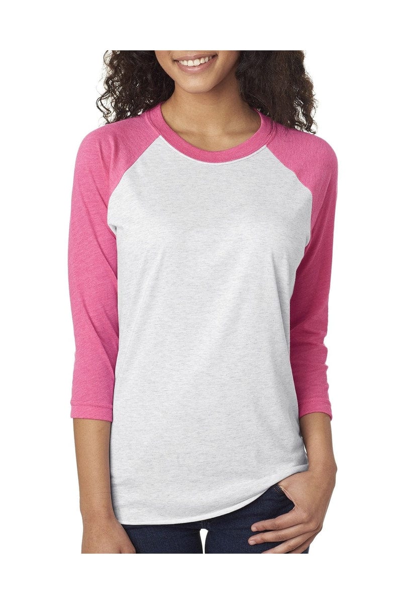 Next Level 6051: Unisex Triblend 3/4-Sleeve Raglan in Vt Pink/ Htr Wht