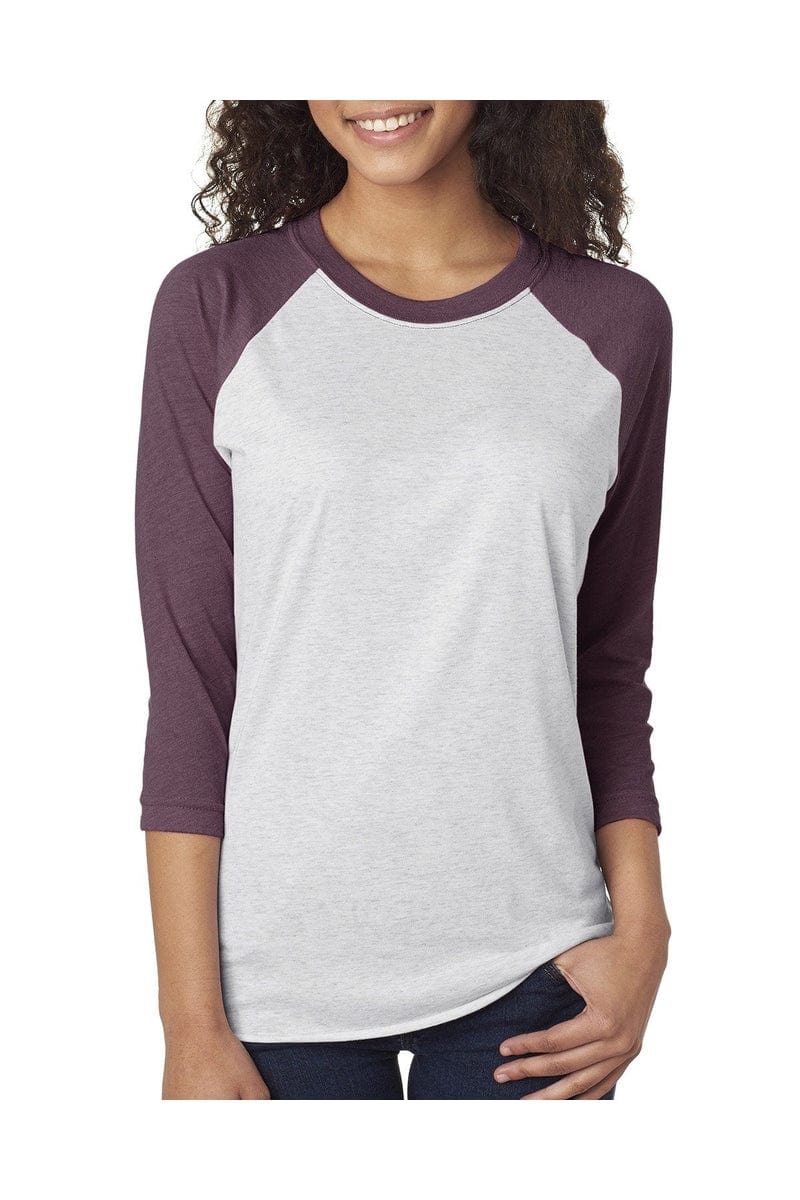 Next Level 6051: Unisex Triblend 3/4-Sleeve Raglan in Vin Pur/ Htr Wht