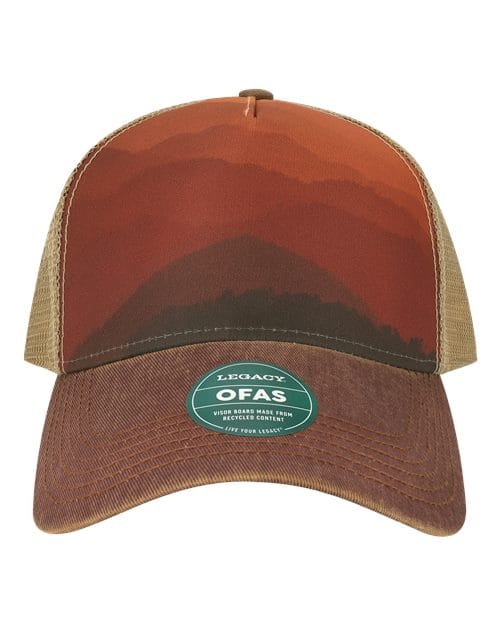 OFAFP-Old Favorite Five-Panel Trucker Cap in Mt Sunset/ Maroon/ Khaki