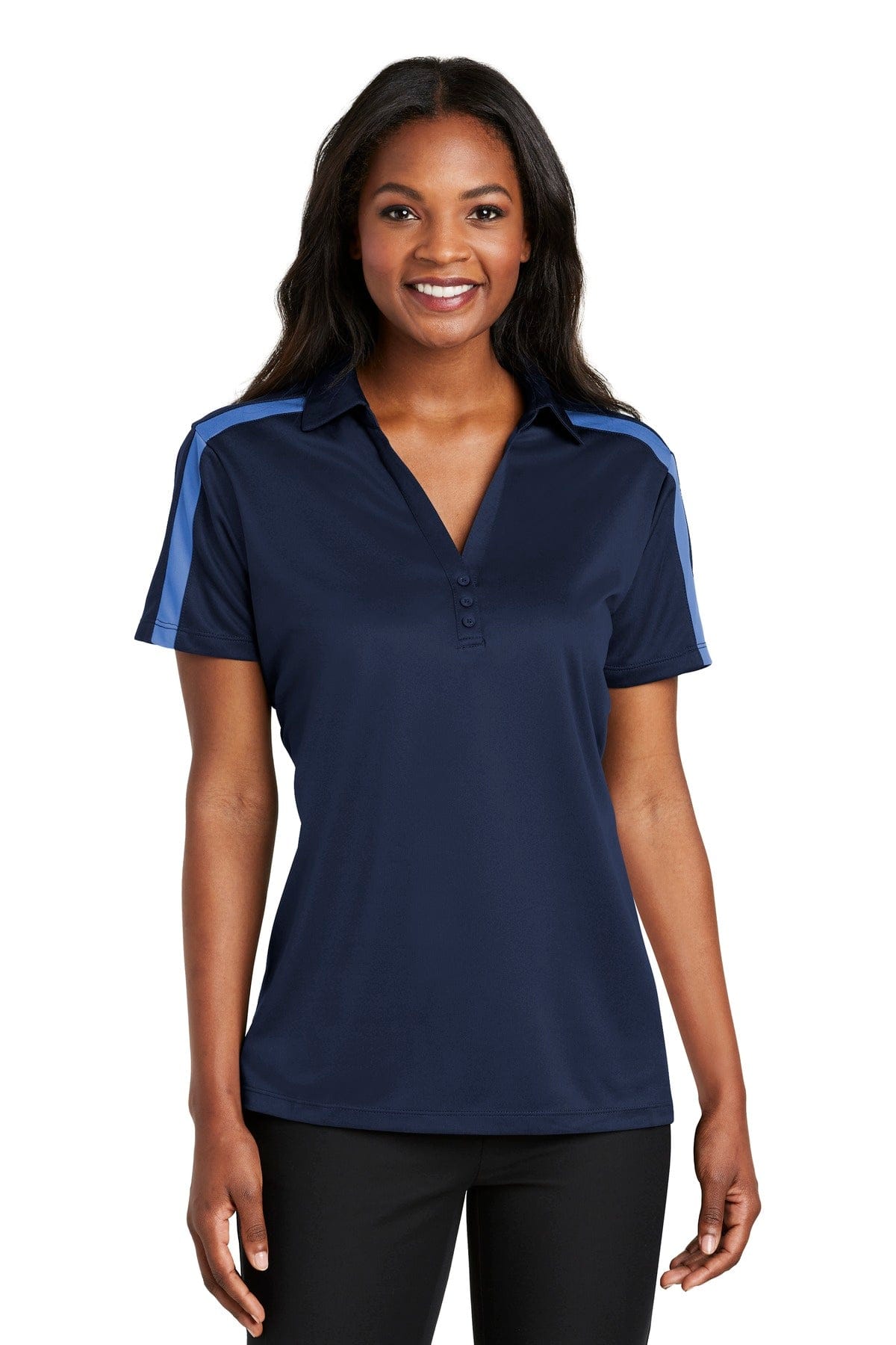 Port Authority Polos/Knits XS / Navy/ Carolina Blue Port Authority Ladies Silk Touch Performance Colorblock Stripe Polo. L547