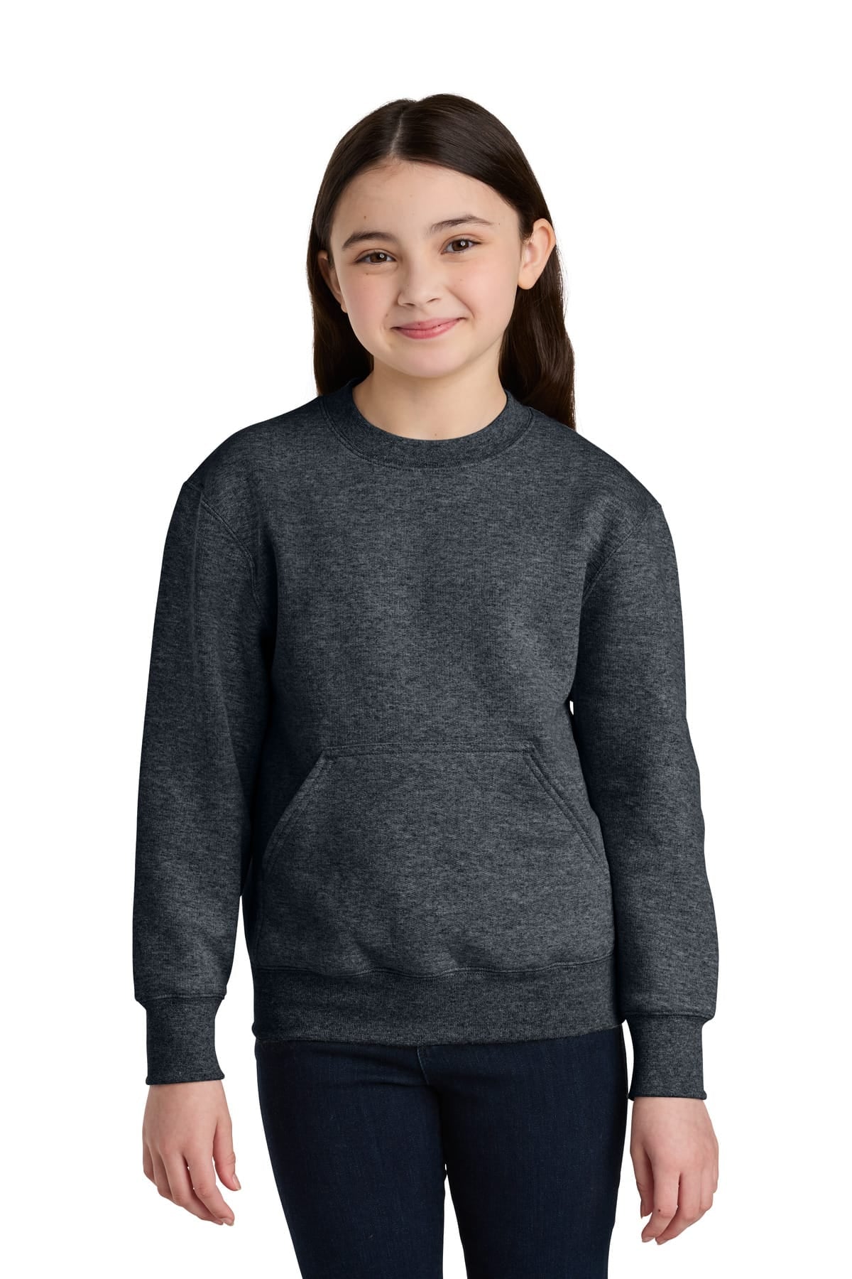 Port & Co ™ Youth Core Fleece Crewneck Pocket Sweatshirt PC78YPKT in Dark Heather Grey