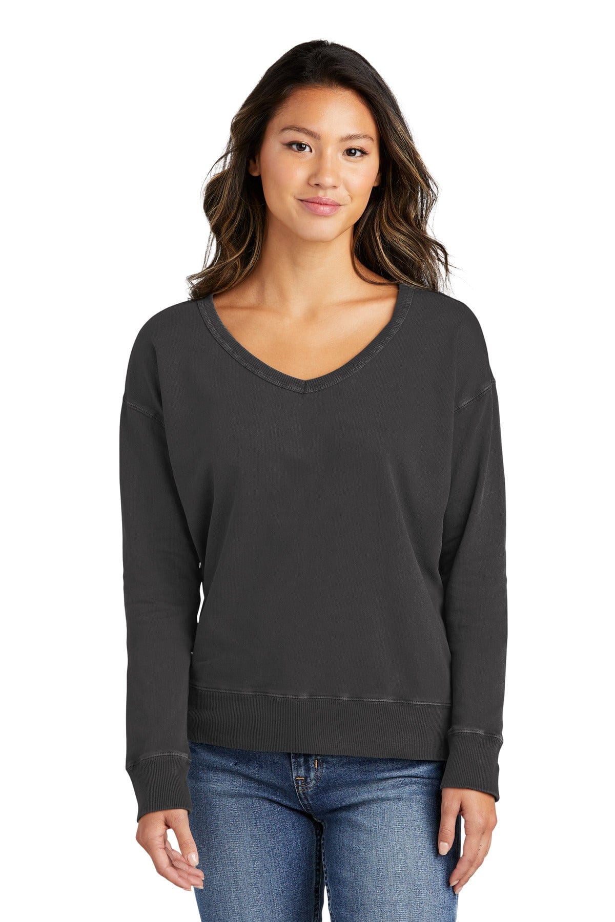 Port & Company LPC098V Ladies Beach Wash Garment-Dyed V-Neck Sweatshirt in Coal