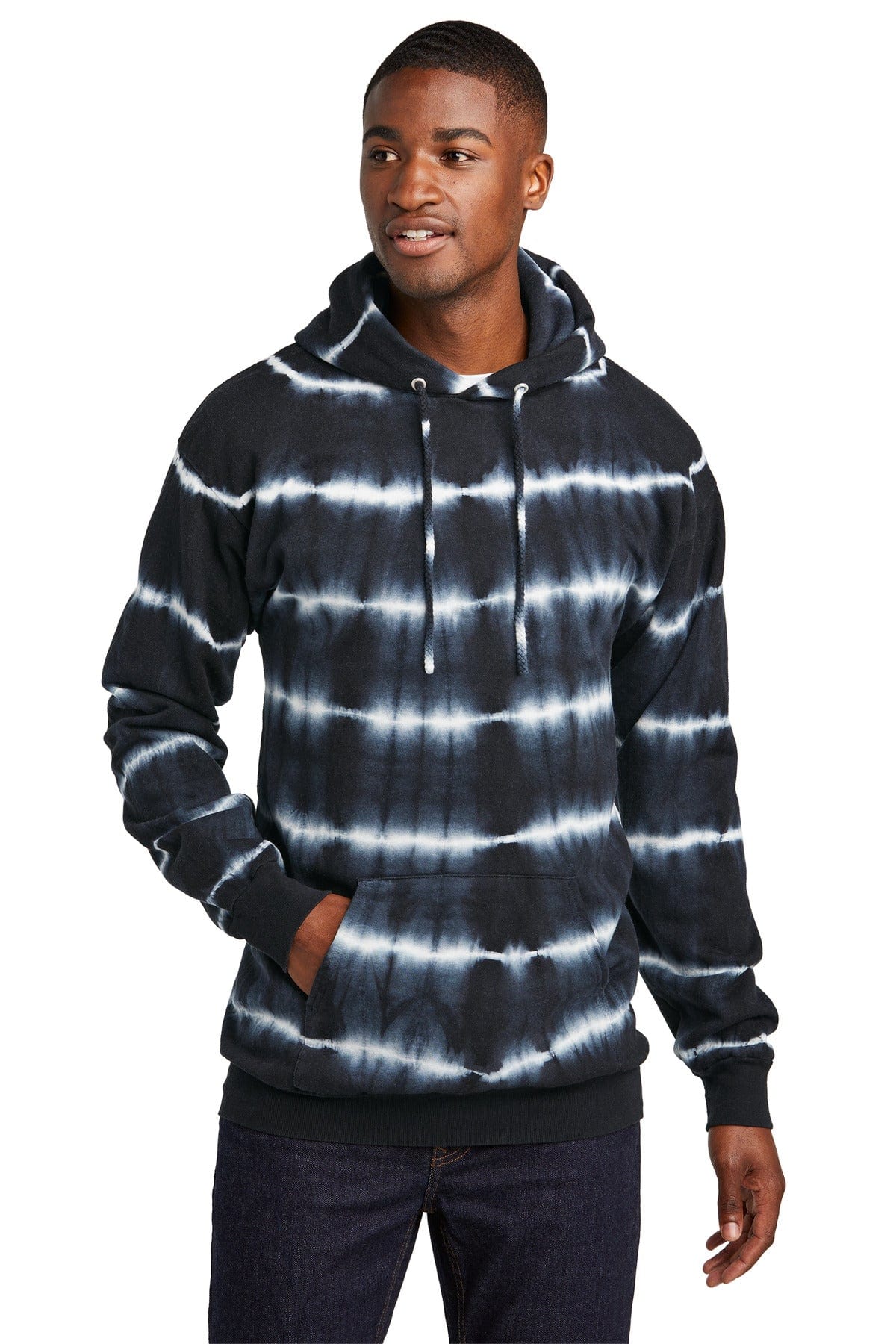 Port & Company PC143L Allover Stripe Tie-Dye Fleece in Black/ White