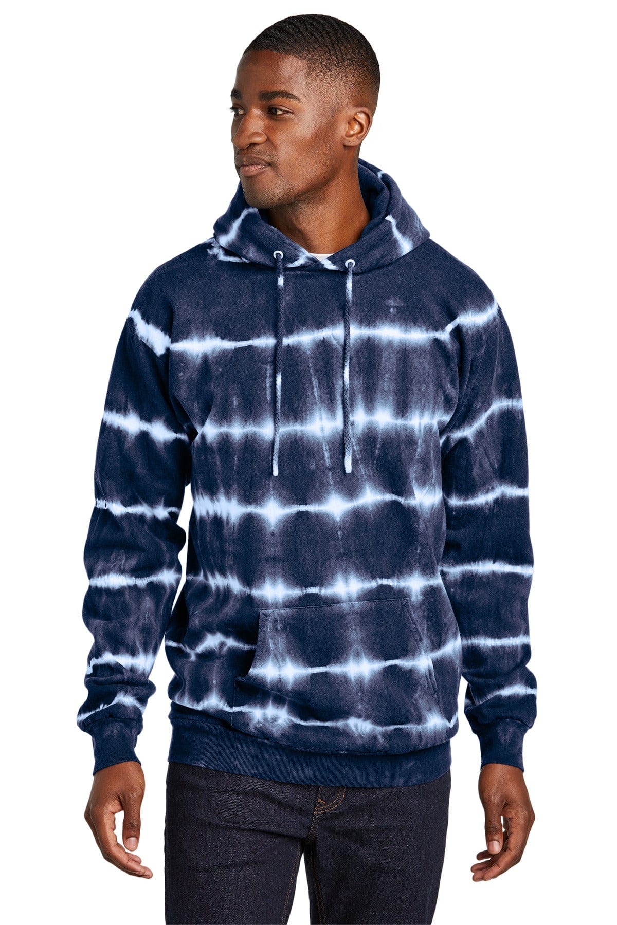 Port & Company PC143L Allover Stripe Tie-Dye Fleece in True Navy/ White