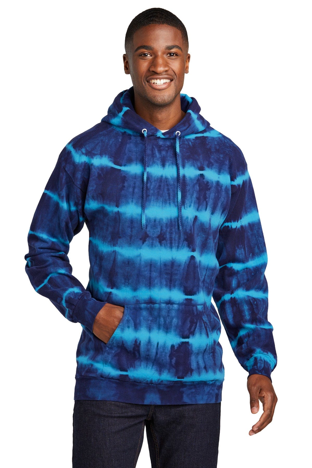 Port & Company PC143L Allover Stripe Tie-Dye Fleece in Turquoise/ Team Navy